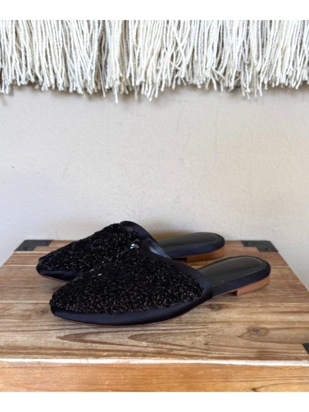 ZYNE CERES Black Satin Sequins Brown Beaded Pointy Toe Evening Flat Mules Size 8